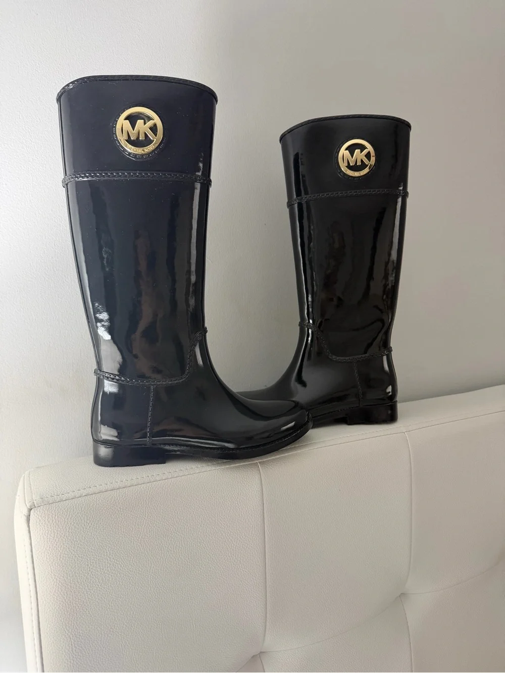 Michael Kors Black Patent Tall Rain Boots with Gold MK Medallion